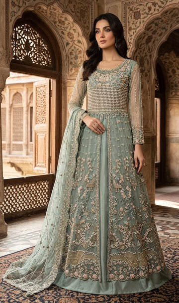 Noor-e-Bahar Open Gown | Sage Green Bridal