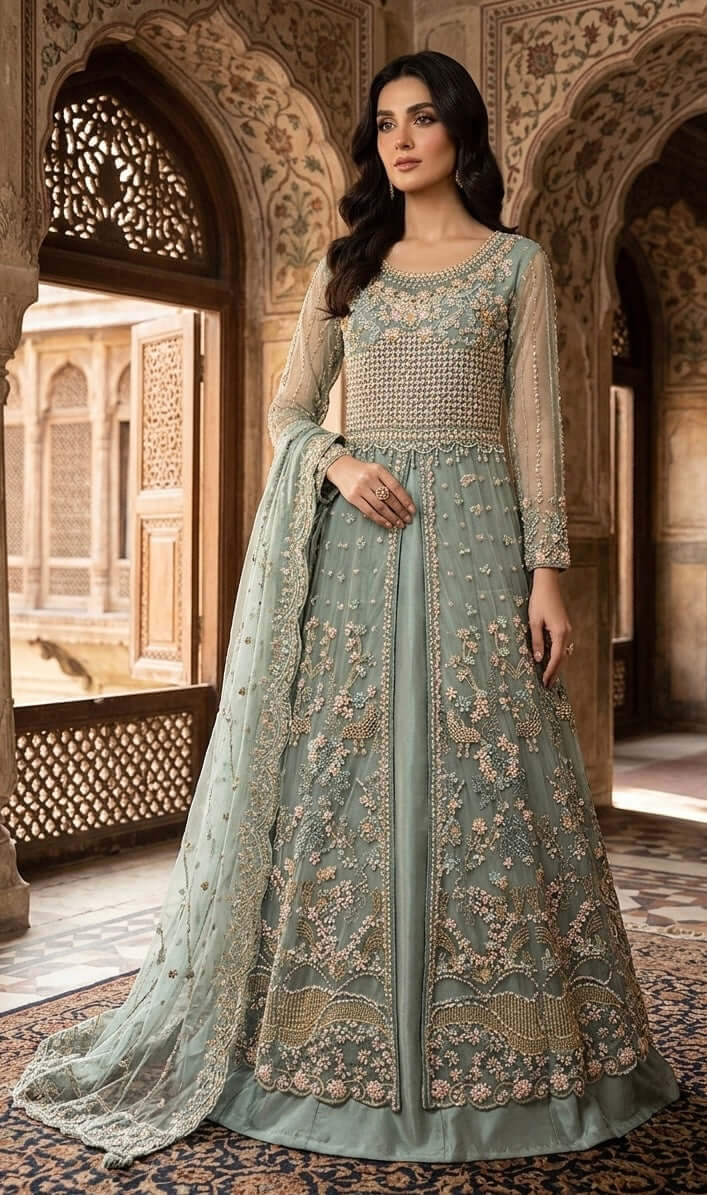 Noor-e-Bahar Open Gown | Sage Green Bridal Formals