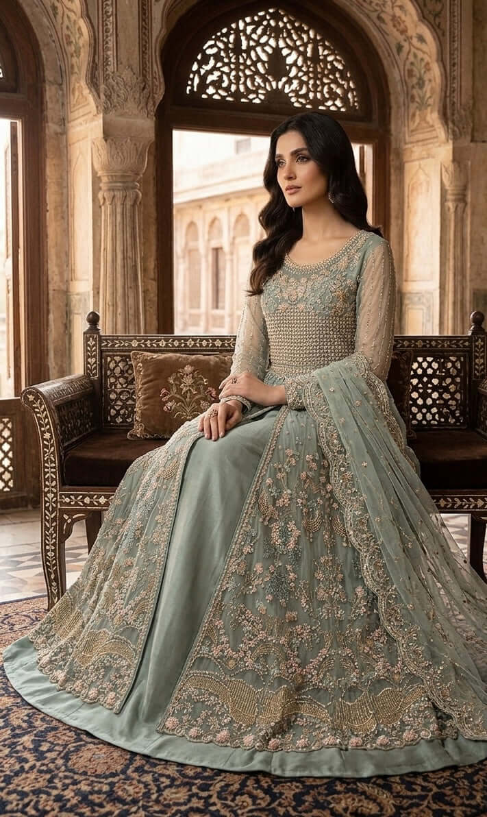 Noor-e-Bahar Open Gown | Sage Green Bridal Formals