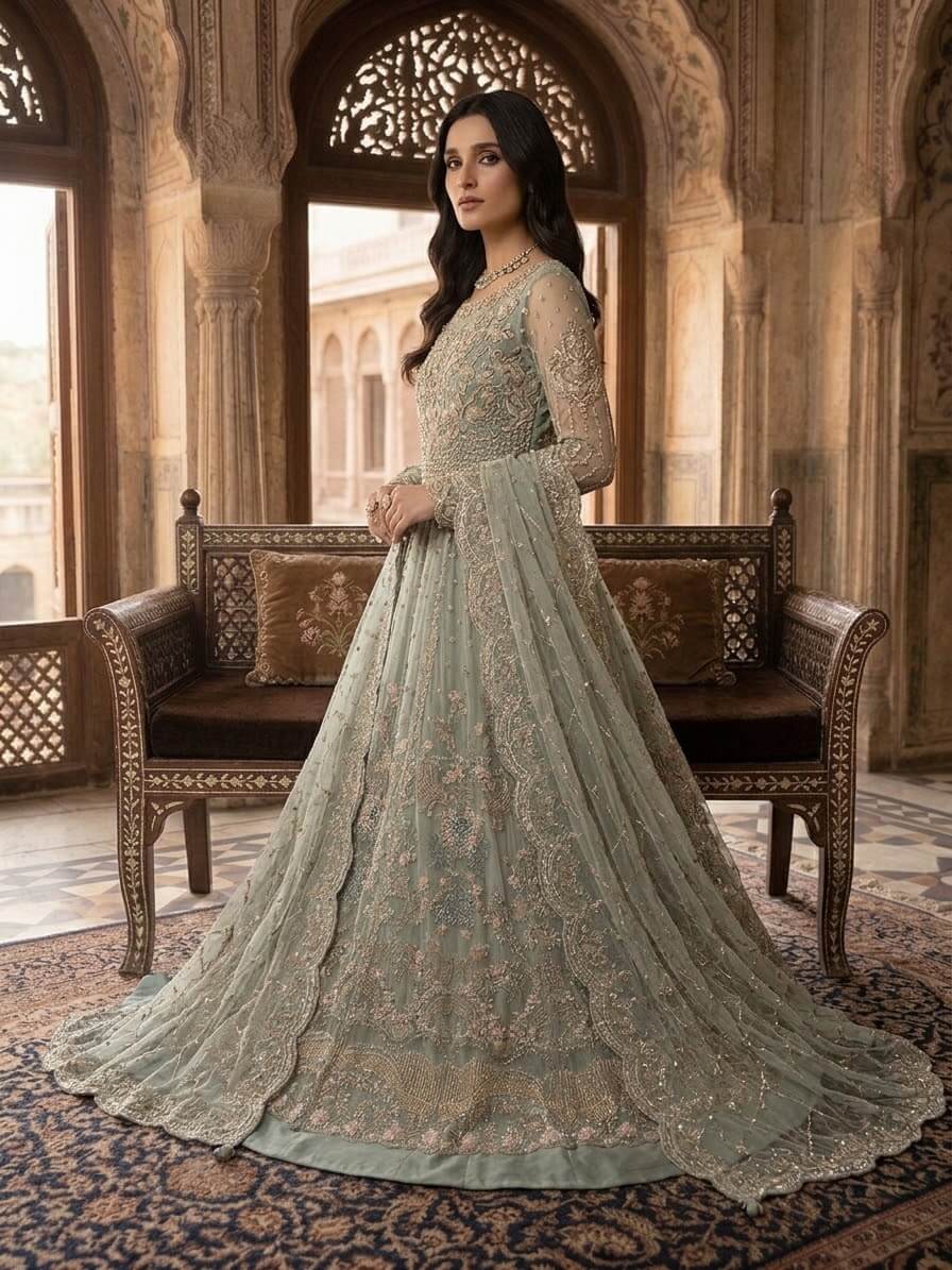 Noor-e-Bahar Open Gown | Sage Green Bridal Formals