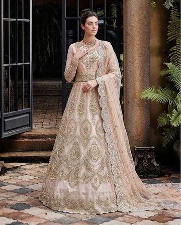 Champagne wedding formal with silver-gold hand embroidery and matching dupatta by Maysoon